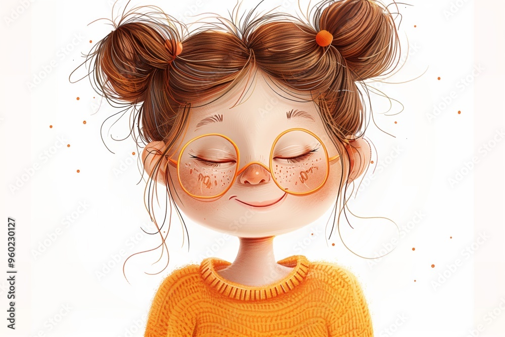 A cheerful girl with glasses and styled hair wearing a cozy sweater happily smiling