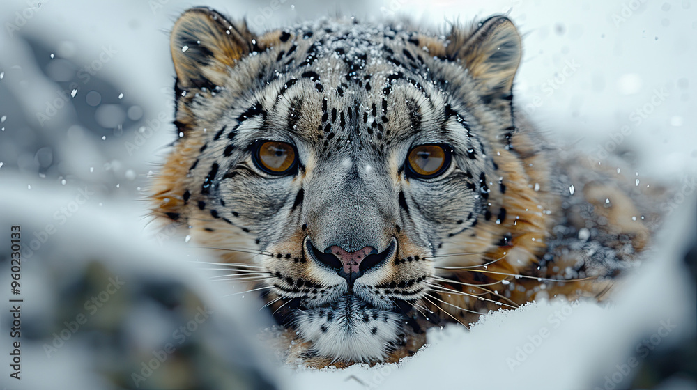 Obraz premium Beautiful Wallpaper with a Snow Leopard Design, Ideal Wild Animal Poster or Graphic Resource for Creative Project, Ai Generative