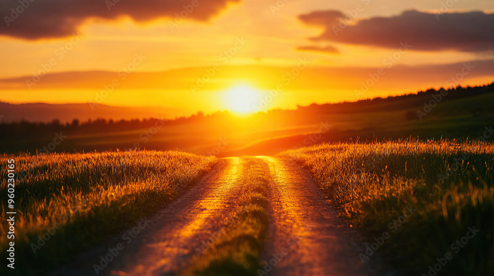 A serene landscape featuring a winding dirt road leading towards a vibrant sunset over lush green fields. A serene landscape featuring a winding dirt road leading towards a vibrant sunset over lush green fields.