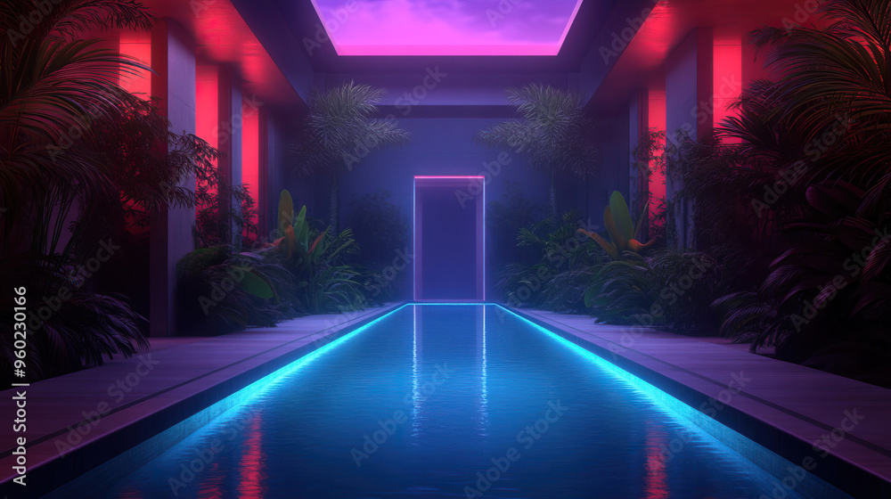 Fototapeta premium A serene indoor pool surrounded by lush plants and illuminated by soft, colorful lights, creating a tranquil atmosphere.