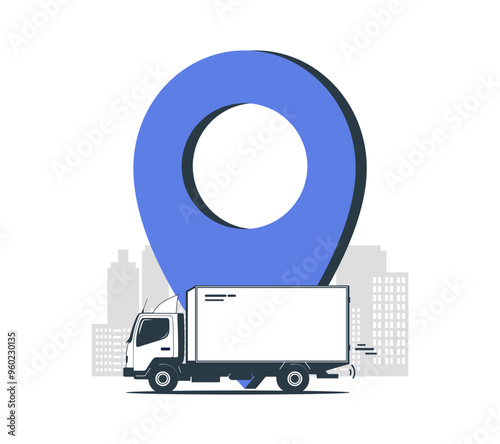 Concept illustration of a delivery service. A van with a navigation marker and a city in the background. Vector illustration.