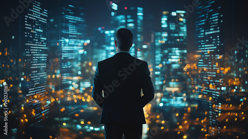 A CEO contemplating future of company while overlooking vibrant city skyline at night. scene captures ambition and determination.