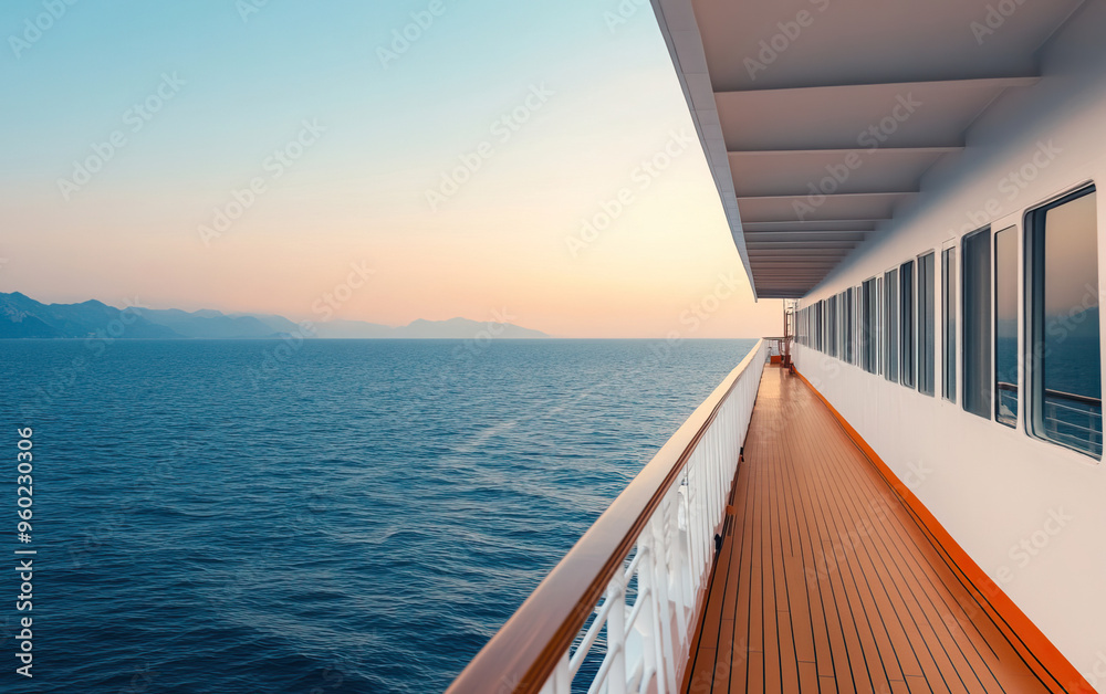 Fototapeta premium A serene view of a cruise ship deck at sunset, overlooking calm waters and distant mountains for a peaceful vacation atmosphere.