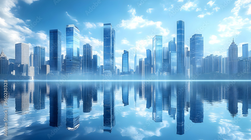 A modern city skyline reflected in calm water under a blue sky. A modern city skyline reflected in calm water under a blue sky.
