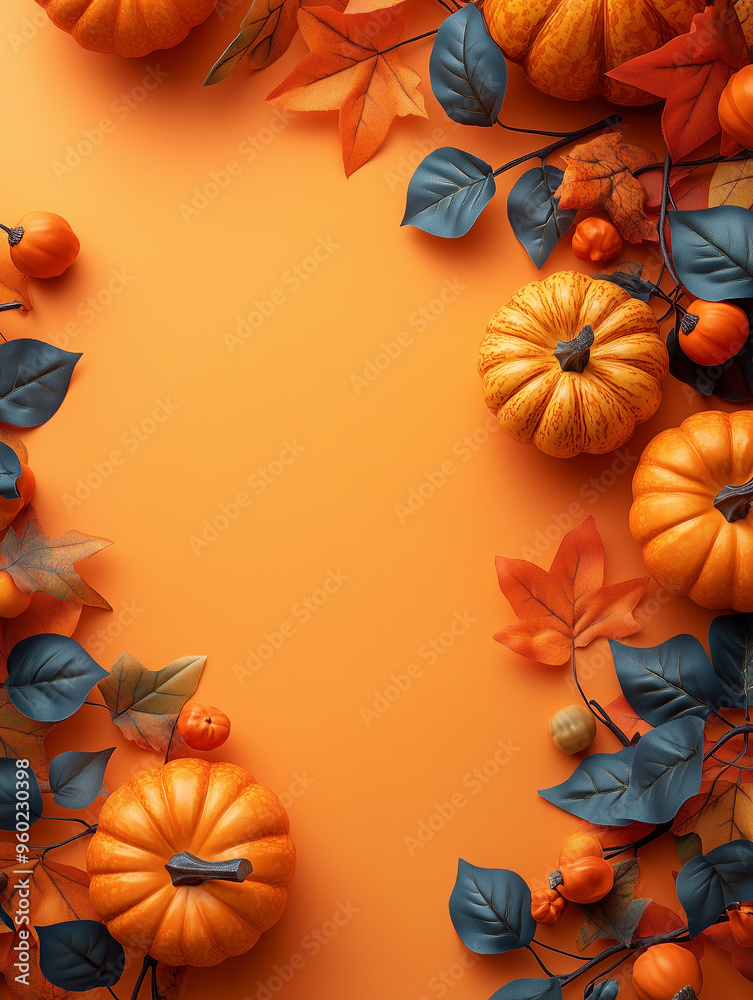 A vibrant display features a variety of pumpkins and colorful leaves arranged artistically against an orange backdrop, embodying the essence of autumn. Space for copy. A vibrant display features a variety of pumpkins and colorful leaves arranged artistically against an orange backdrop, embodying the essence of autumn. Space for copy.