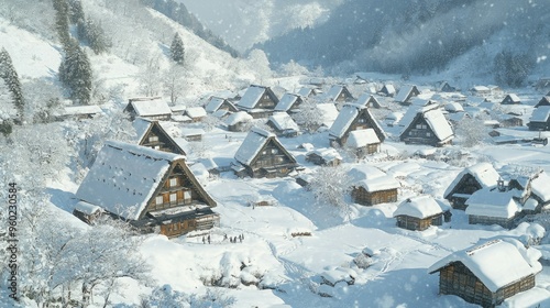 A panoramic view of Shirakawa-go's traditional gassho-zukuri houses nestled in a snow-covered valley.