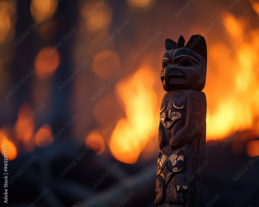 A stunning wooden totem against a fiery backdrop, showcasing intricate carvings and unique craftsmanship in a warm, glowing atmosphere. A stunning wooden totem against a fiery backdrop, showcasing intricate carvings and unique craftsmanship in a warm, glowing atmosphere.