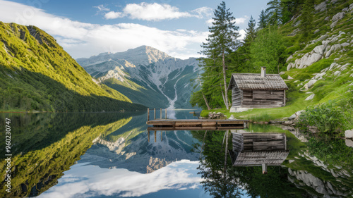 A high-resolution wallpaper of a serene landscape with a calm lake surrounded by lush green mountains. On the mountainside, there is a wooden cabin with a chimney. A wooden dock extends into the lake.