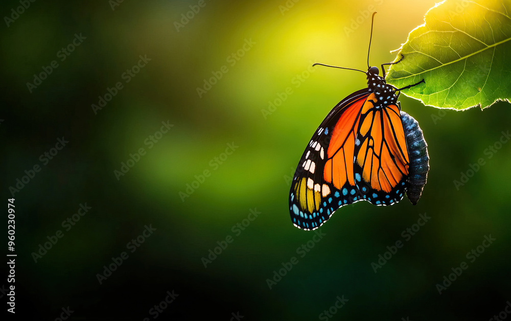 Fototapeta premium A vibrant butterfly perched delicately on a green leaf, showcasing stunning orange and black wings against a soft, blurred background.