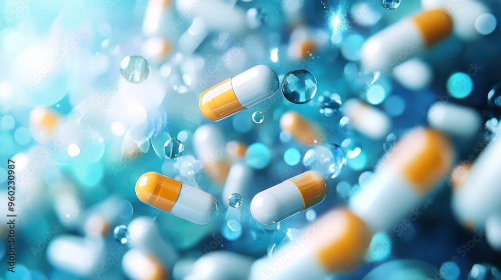 A pill is floating in a sea of water droplets. The pill is multicolored and he is a medicine. Generative AI A pill is floating in a sea of water droplets. The pill is multicolored and he is a medicine. Generative AI