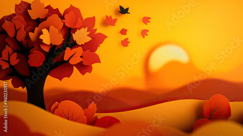 A vibrant pper cut autumn scene featuring a tree with colorful leaves against a warm sunset backdrop. Perfect for seasonal themes. photo