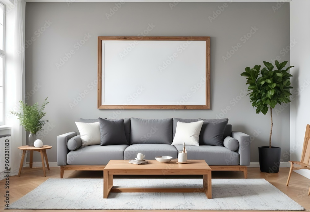 A modern living room with a gray sofa, white walls, and a large empty wooden frame on the wall. A modern living room with a gray sofa, white walls, and a large empty wooden frame on the wall.