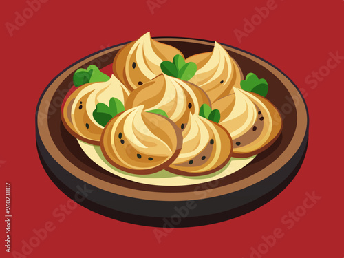 Russian national food. Pelmeni. Dumplings. Dough with meat or fish filling.
