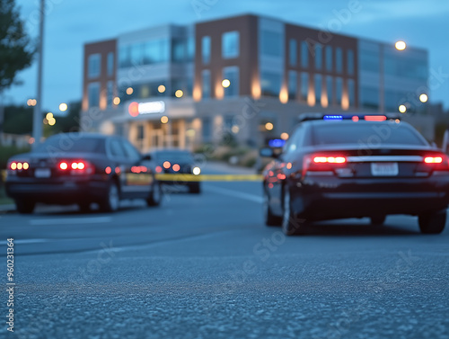 Several police cars are parked near a cordoned-off area outside a building at dusk. Flashing lights illuminate the scene while officers investigate