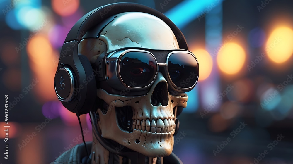 spooky cyberpunk skull in three dimensions with futuristic virtual reality goggles in a 3D illustration spooky cyberpunk skull in three dimensions with futuristic virtual reality goggles in a 3D illustration