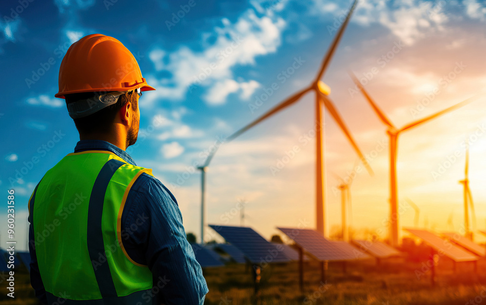 A worker observes wind turbines and solar panels during sunset, highlighting renewable energy and environmental sustainability. A worker observes wind turbines and solar panels during sunset, highlighting renewable energy and environmental sustainability.