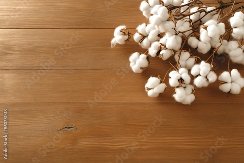 Cotton Branch on a Wooden Surface