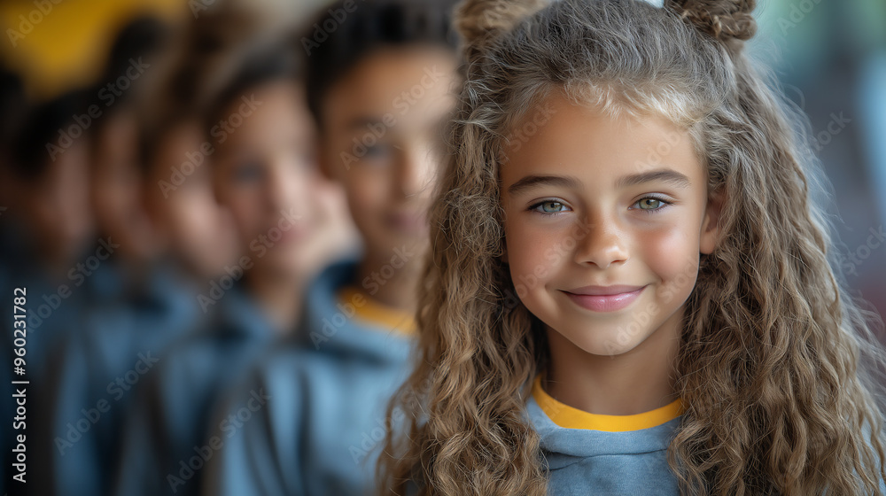 Close up Portrait of Blonde smiling Pupil Girl and her classmates behind her dressed in grey and yellow sportive clothes. Banner with Copy Space for Text Close up Portrait of Blonde smiling Pupil Girl and her classmates behind her dressed in grey and yellow sportive clothes. Banner with Copy Space for Text