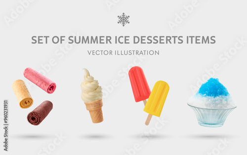 A Set of Summer Ice Desserts 3D Vector Items: Ice Manias, Soft Serve, Popsicle, Shaved Ice