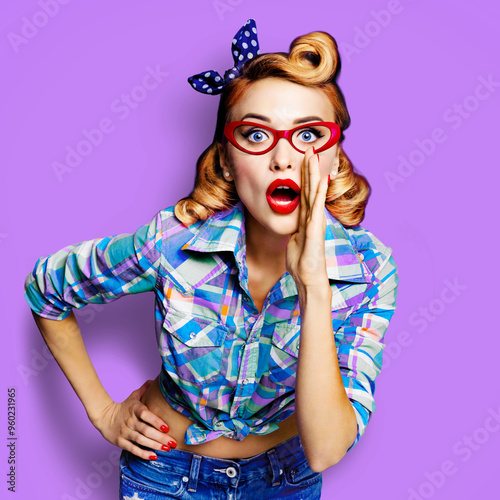 Beautiful happy smiling excited woman saying advertise yelling. Pin up pinup girl  wear red eye glasses, spectacles eyewear, retro fashion vintage ad concept, isolated violet purple background. Square