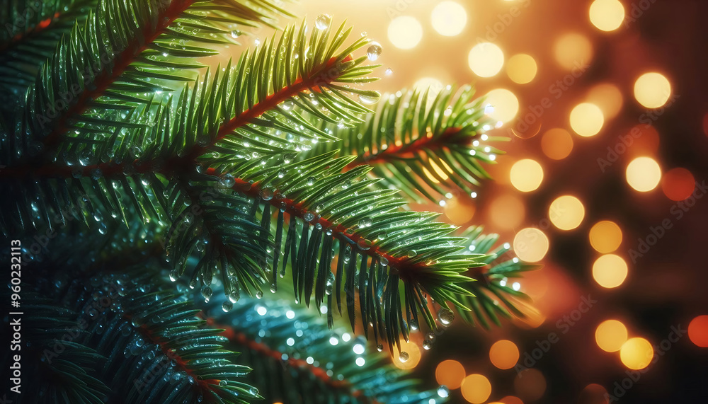 A pine tree branch with droplets of water showcasing vibrant green needles. The background features soft blurred bokeh lights in warm tones a festive atmosphere A pine tree branch with droplets of water showcasing vibrant green needles. The background features soft blurred bokeh lights in warm tones a festive atmosphere