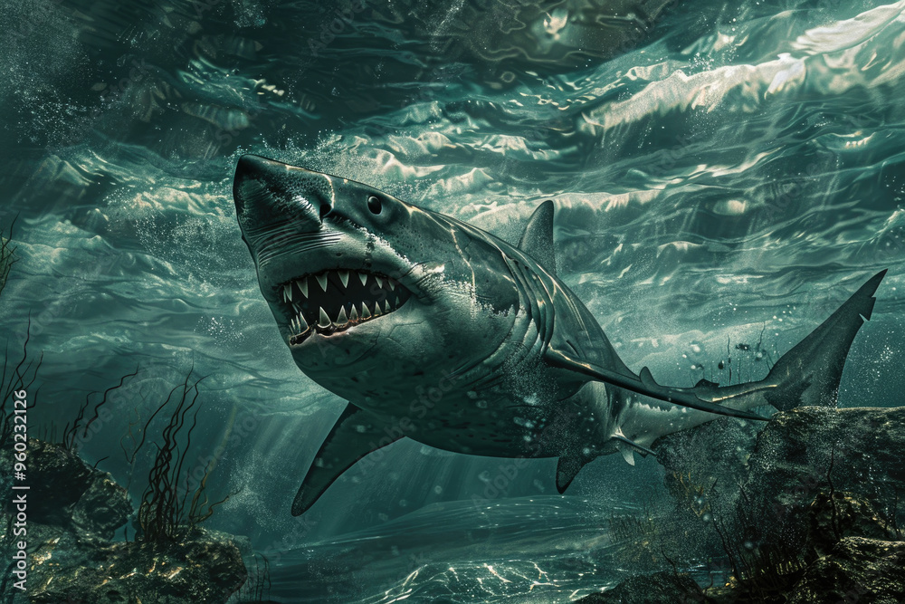 Fototapeta premium A great white shark glides through crystal clear ocean waters, revealing its sharp teeth and streamlined body amidst an underwater landscape