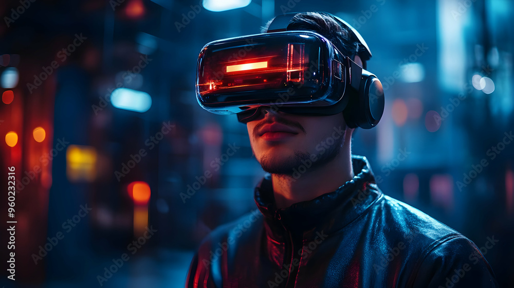 A person wearing a VR headset in a futuristic setting. A person wearing a VR headset in a futuristic setting.