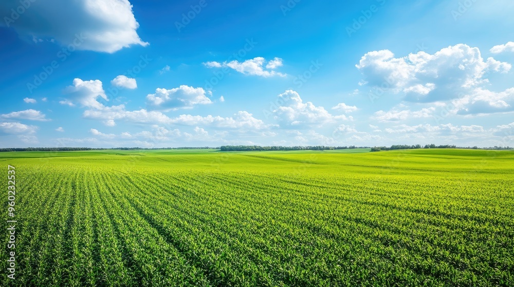 A vast expanse of green farmland, dotted with rows of crops, set against a backdrop of clear blue skies, representing the agricultural industry. A vast expanse of green farmland, dotted with rows of crops, set against a backdrop of clear blue skies, representing the agricultural industry.