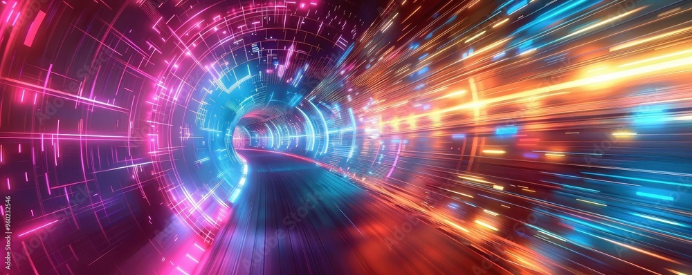 Vibrant tunnel scene with glowing lights creating a sense of speed and motion, perfect for technology and futuristic themes. Vibrant tunnel scene with glowing lights creating a sense of speed and motion, perfect for technology and futuristic themes.