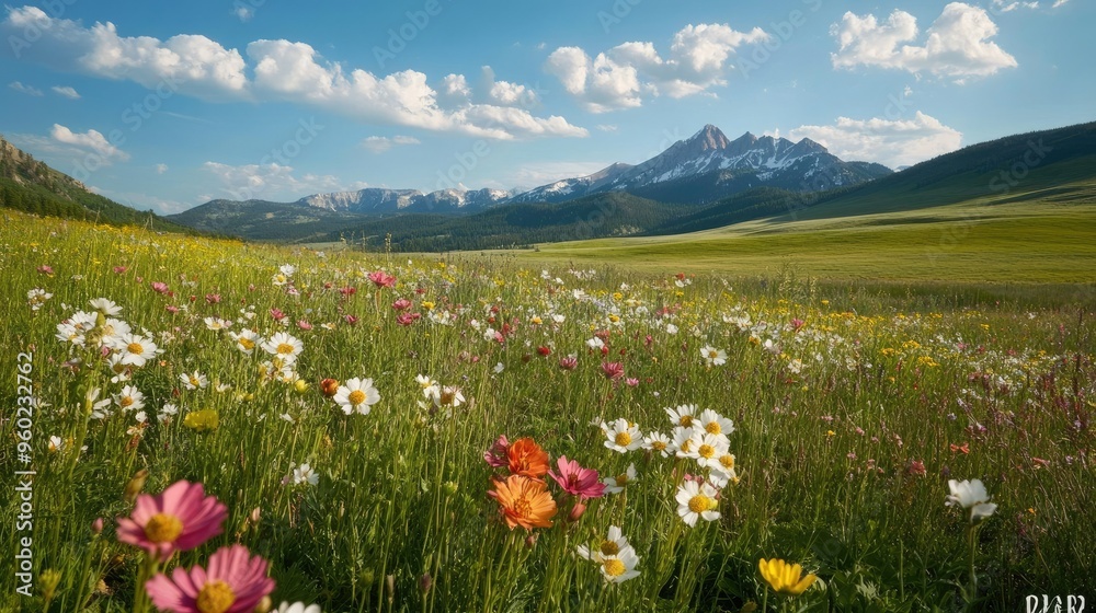 Obraz premium A peaceful meadow in Yellowstone with wildflowers in bloom and mountains in the distance.
