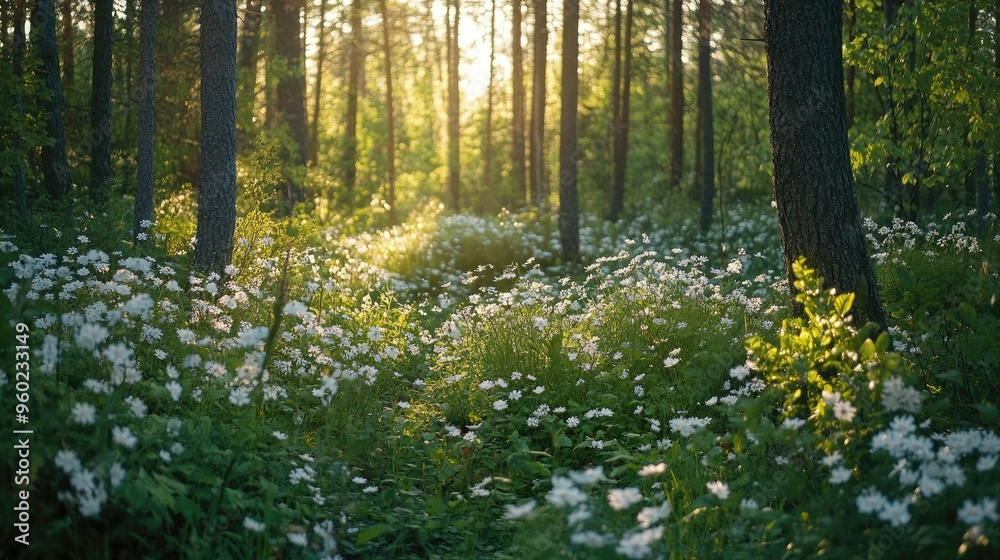 Fototapeta premium A peaceful Russian forest in spring, with blooming wildflowers and green foliage.