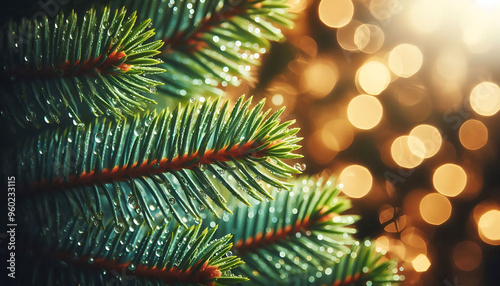 A pine tree branch with droplets of water showcasing vibrant green needles. The background features soft blurred bokeh lights in warm tones a festive atmosphere