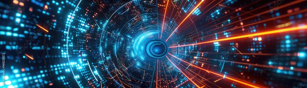 Fototapeta premium A dynamic visualization of technology with glowing lines and bright particles, representing data flow and digital networks.