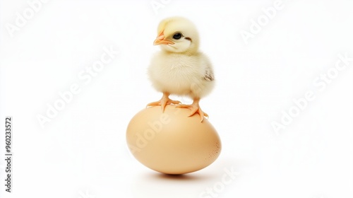 A baby chick standing on an egg, isolated on a white background