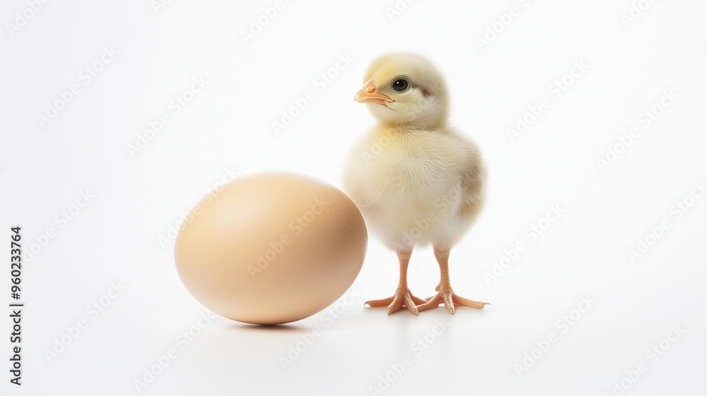 A baby chick standing on an egg, isolated on a white background A baby chick standing on an egg, isolated on a white background