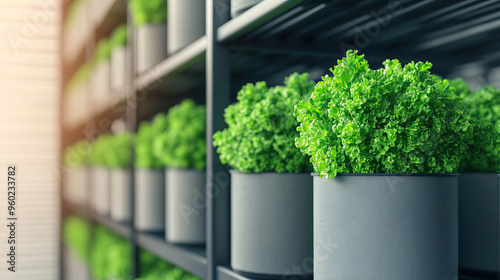 Rows of potted green plants on a metal shelf, depicting indoor gardening and greenery in a modern, sunlit room environment. photo