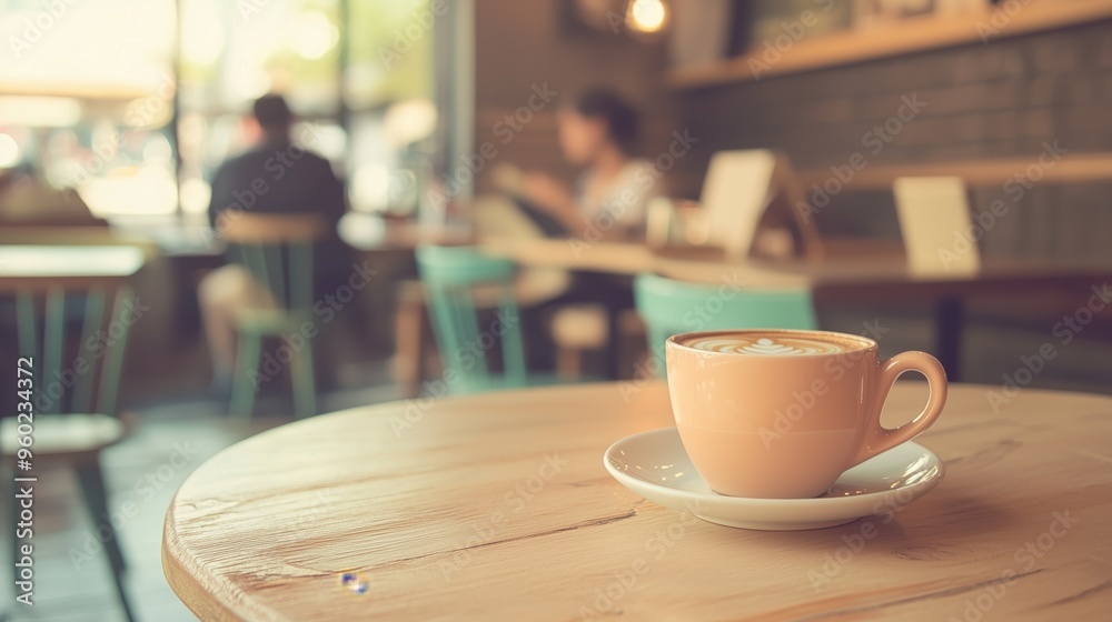 A warm, inviting coffee shop scene featuring a latte on a wooden table. Soft sunlight filters through the windows, with blurred patrons in the background, evoking a calm A warm, inviting coffee shop scene featuring a latte on a wooden table. Soft sunlight filters through the windows, with blurred patrons in the background, evoking a calm