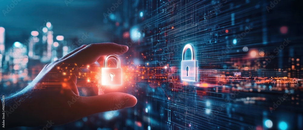 Hand Holding Digital Padlock Over Abstract Cityscape Hand Holding Digital Padlock Over Abstract Cityscape