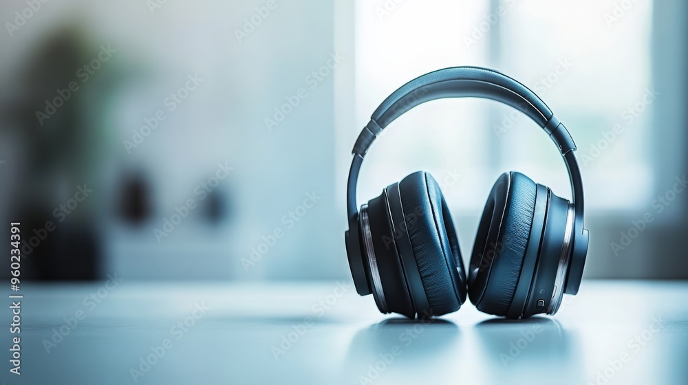 AI-powered noise-cancelling headphones resting on a clean white table, minimal scene with ample blank space, copy space for stock photo with minimal concept, No logo, No Trademark, No text AI-powered noise-cancelling headphones resting on a clean white table, minimal scene with ample blank space, copy space for stock photo with minimal concept, No logo, No Trademark, No text