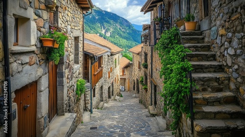 A picturesque view of a medieval town with narrow cobblestone streets and stone houses.