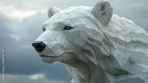 Low-poly sculpture of a white polar bear with geometric shapes, set against a cloudy sky