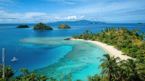 A picturesque view of the Mamanuca Islands with palm-fringed beaches and azure waters.