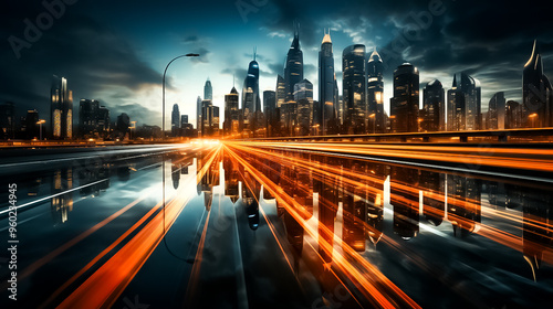 A city with a blur of cars and a city in the background, traffic at night, traffic in the city