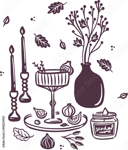 Hand-drawn elegant autumn composition featuring a cocktail glass with figs sandalwood candle, vase with branches, candlesticks and falling leaves. Cozy fall season.