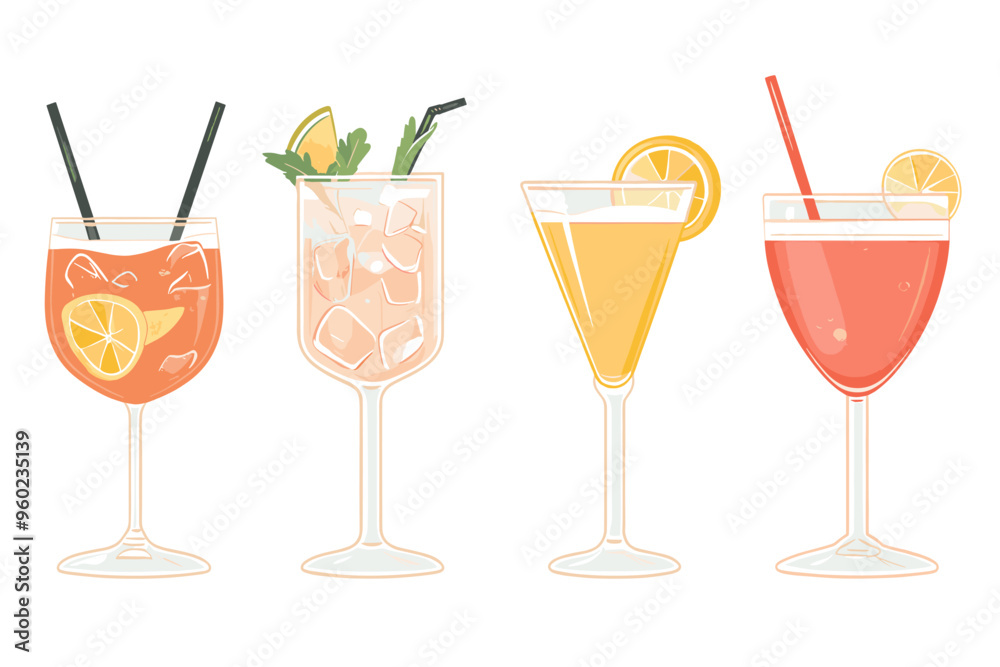 Set of Tropical Cocktails in Flat Style for Menu, Cocktail Cards. Margarita, Tom Collins, Pina Colada, Cosmopolitan, Mai Tai, Sea Breeze, Tequila Sunrise. Vector Isolated on White Background Set of Tropical Cocktails in Flat Style for Menu, Cocktail Cards. Margarita, Tom Collins, Pina Colada, Cosmopolitan, Mai Tai, Sea Breeze, Tequila Sunrise. Vector Isolated on White Background