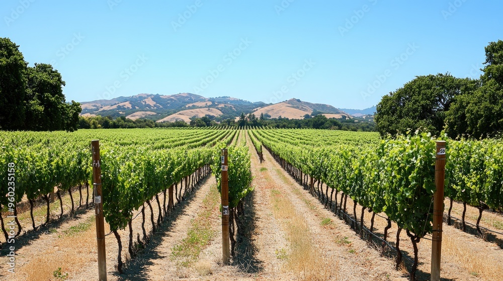 Fototapeta premium A picturesque vineyard with rows of grapevines stretching into the distance.