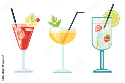 Set of Tropical Cocktails in Flat Style for Menu, Cocktail Cards. Margarita, Tom Collins, Pina Colada, Cosmopolitan, Mai Tai, Sea Breeze, Tequila Sunrise. Vector Isolated on White Background