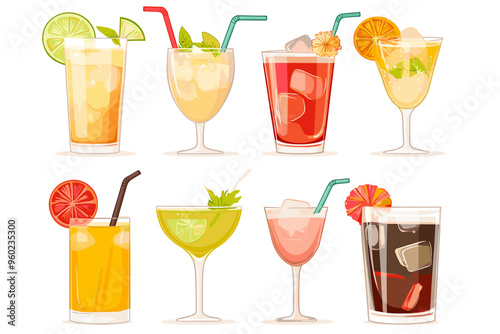 Set of Tropical Cocktails in Flat Style for Menu, Cocktail Cards. Margarita, Tom Collins, Pina Colada, Cosmopolitan, Mai Tai, Sea Breeze, Tequila Sunrise. Vector Isolated on White Background