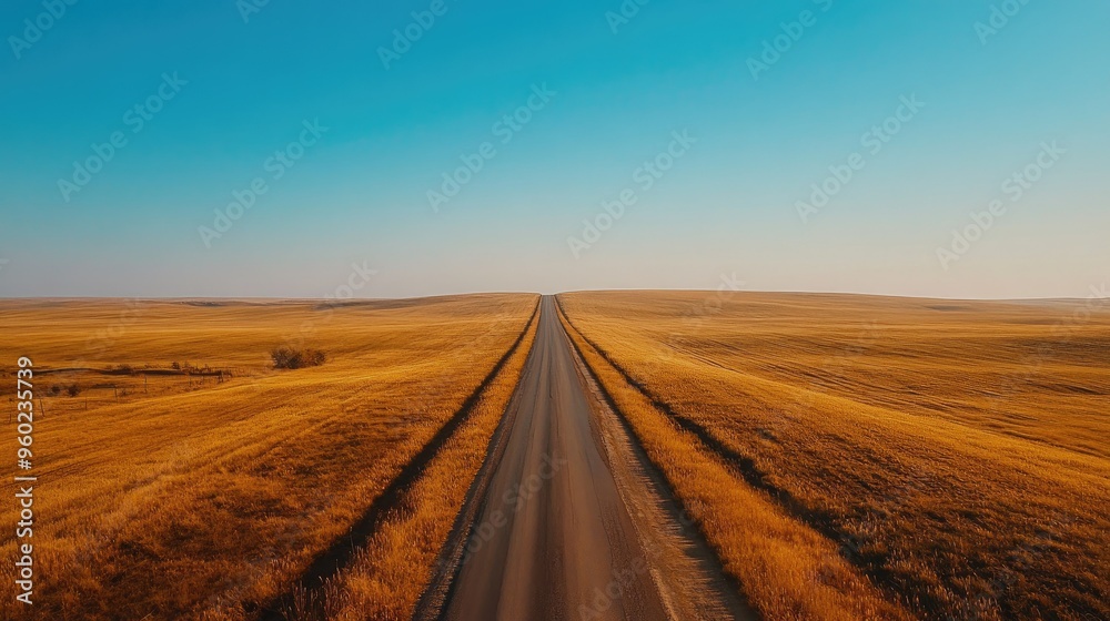 Fototapeta premium A rural Russian road stretching into the horizon through endless fields.