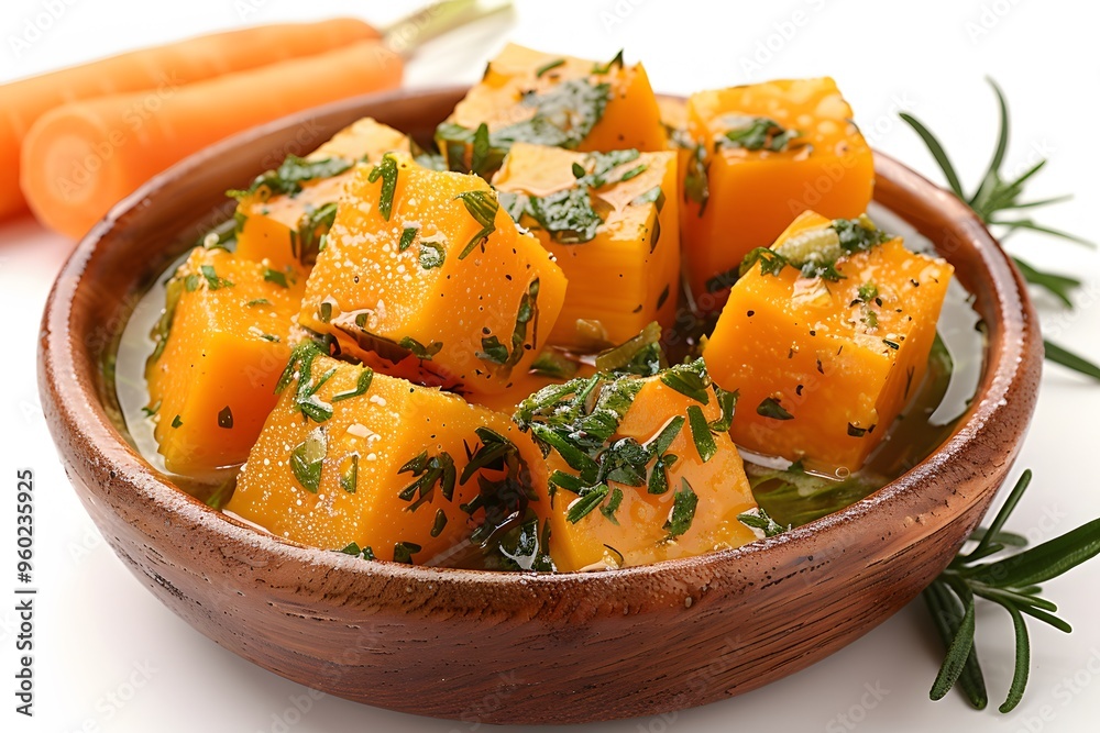 Delicious Herb-Infused Cooked Carrot Cubes in Wooden Bowl - Perfect for Healthy Cuisine and Food Photography Delicious Herb-Infused Cooked Carrot Cubes in Wooden Bowl - Perfect for Healthy Cuisine and Food Photography